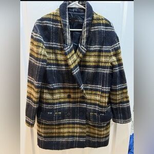 Zara Women's Yellow and Black Plaid Pea Coat Size M